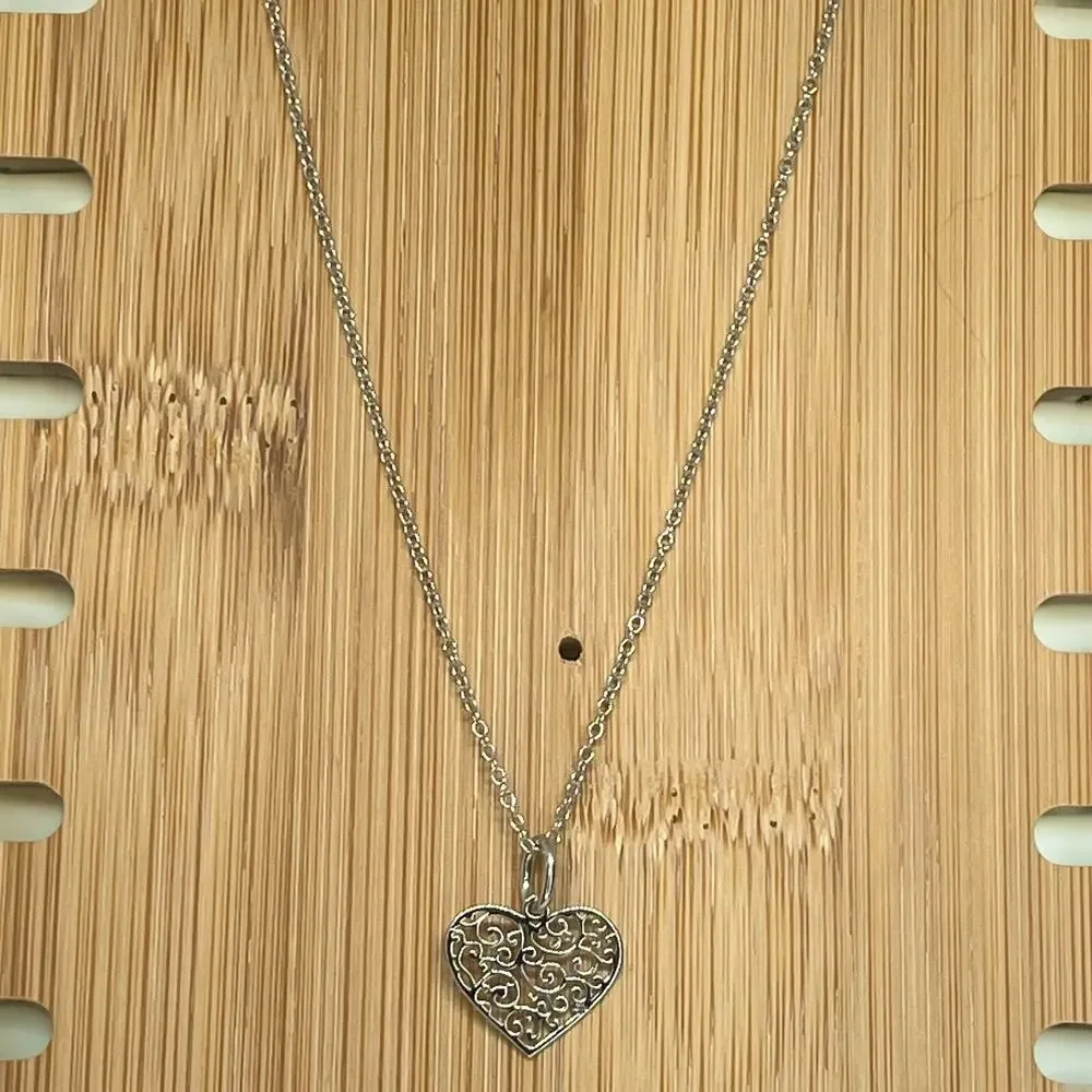 Sterling Silver Heart Filigree Pendant Necklace Open Work Stylish Fashion NEW